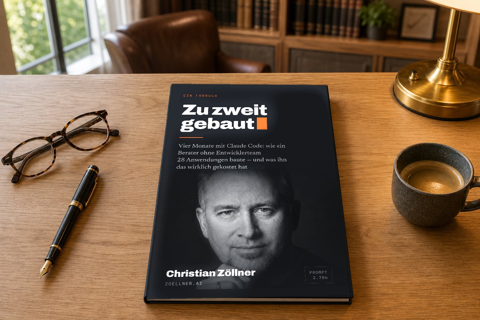 Das Buch „Zu zweit gebaut“ liegt flach auf einem hellen Holzschreibtisch, daneben ein Füllfederhalter, eine Lesebrille und eine Tasse Kaffee.