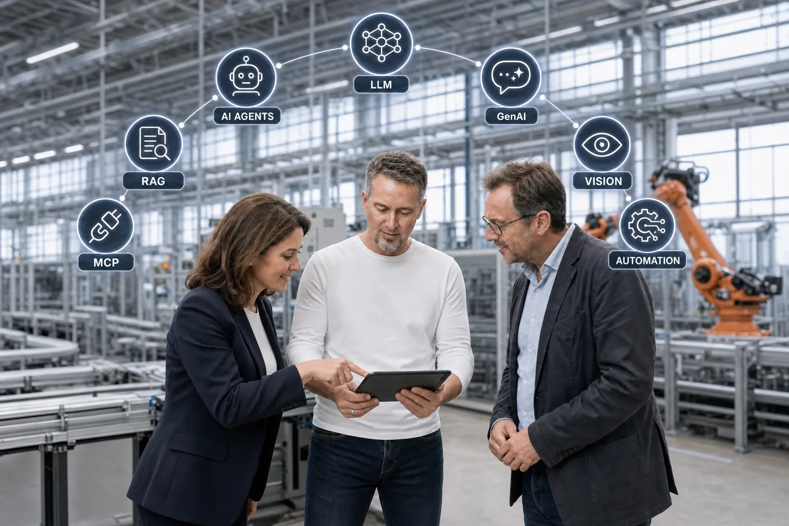 Christian Zöllner schaut gemeinsam mit zwei Kunden auf ein Tablet in einer modernen Produktionshalle, umgeben von holografischen Icons aktueller KI-Themen wie LLM, AI Agents, RAG und MCP
