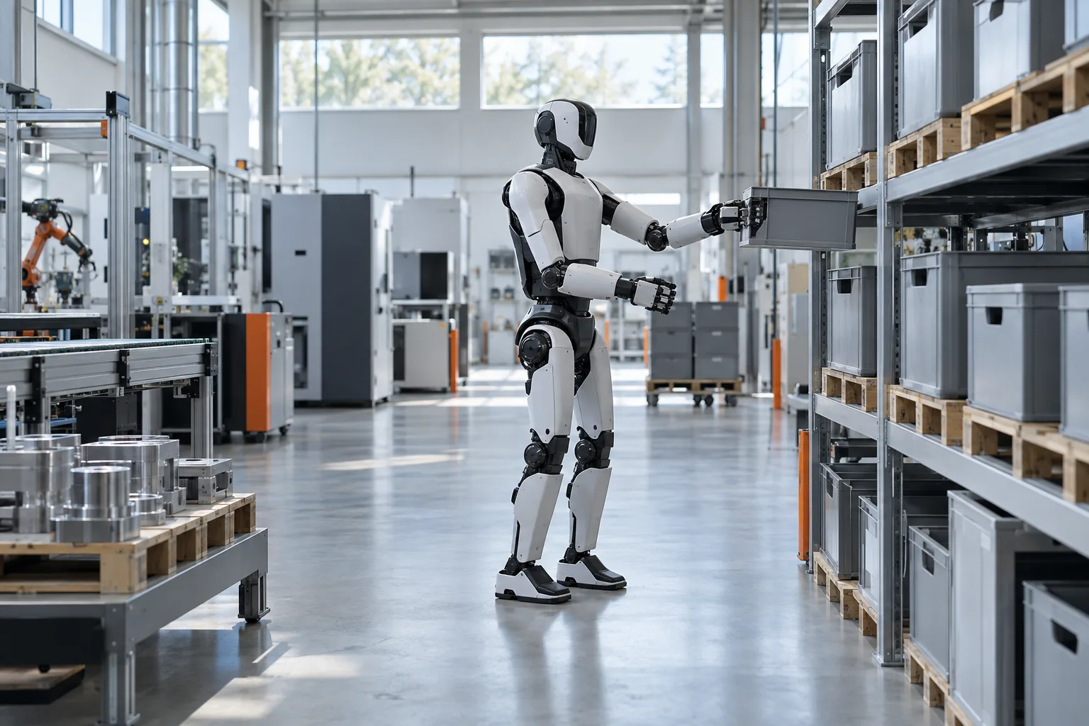 Ein weiß-schwarzer humanoider Roboter steht seitlich in einer Werkshalle und zieht mit einer Hand eine graue Kunststoffbox aus einem Regal, während im Hintergrund ein Industrieroboterarm und Maschinen zu sehen sind.