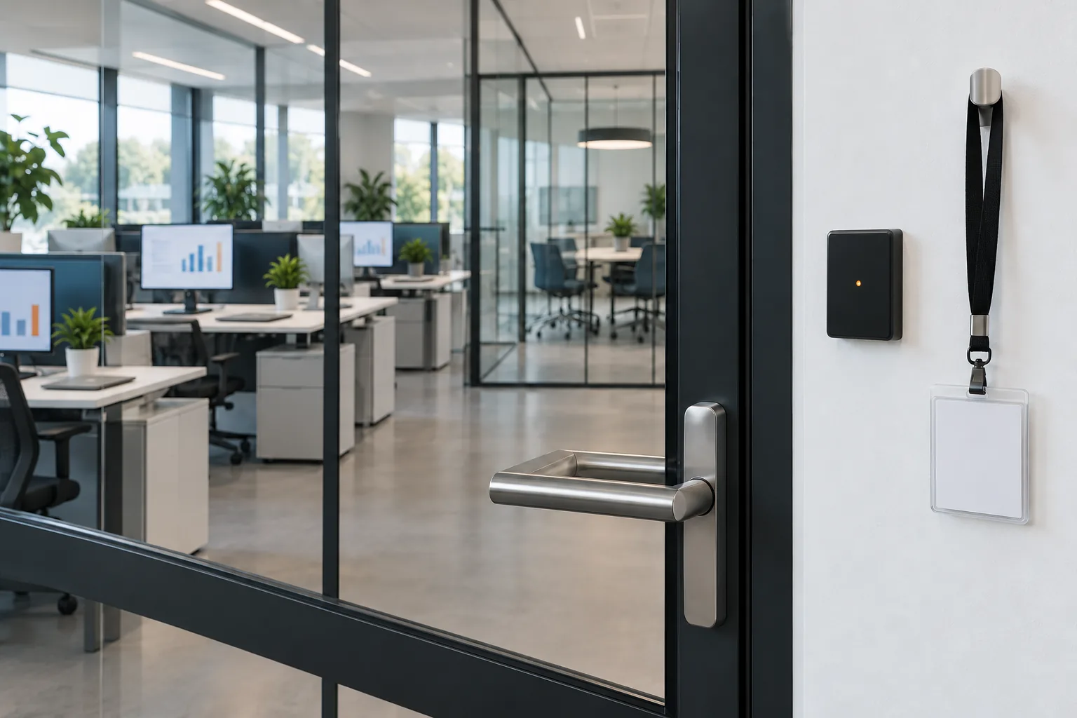 Glastür mit dunklem Rahmen und Edelstahlgriff in Schrägansicht, daneben an der weißen Wand ein schwarzes Kartenlesegerät und ein Ausweishalter an schwarzem Band; dahinter ein Großraumbüro mit Schreibtischen, Monitoren mit Balkendiagrammen, Pflanzen und Glaswänden.