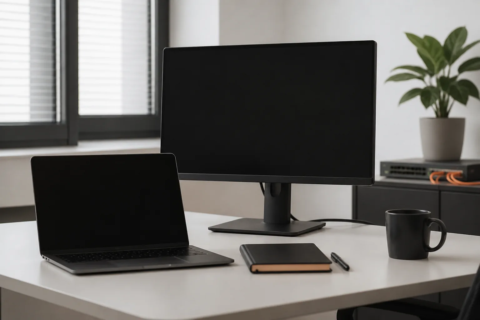 Schreibtisch mit aufgeklapptem Laptop und separatem Monitor, beide Bildschirme schwarz, davor Notizbuch, Stift und Tasse, im Hintergrund ein Netzwerk-Switch mit Kabeln, eine Pflanze und ein Fenster mit Jalousien.