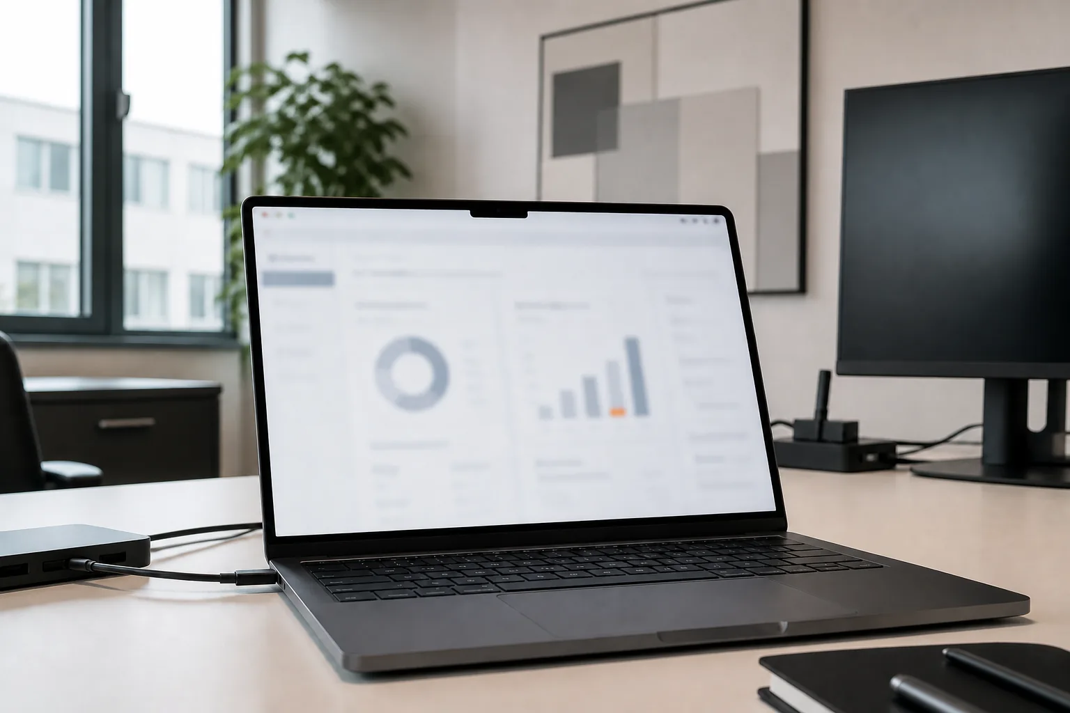 Aufgeklappter Laptop auf einem hellen Schreibtisch zeigt ein Dashboard mit Ringdiagramm und Balkendiagramm, daneben ein zusätzlicher Monitor, im Hintergrund eine Pflanze, ein Fenster und eine abstrakte Wandgrafik.