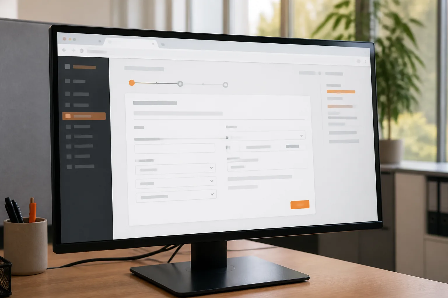 Monitor auf einem Schreibtisch zeigt eine Browser-Ansicht mit mehrstufigem Formular, links eine dunkle Seitenleiste mit Listeneinträgen, im Hintergrund verschwommen eine Zimmerpflanze vor einem Fenster und ein Stiftebecher.