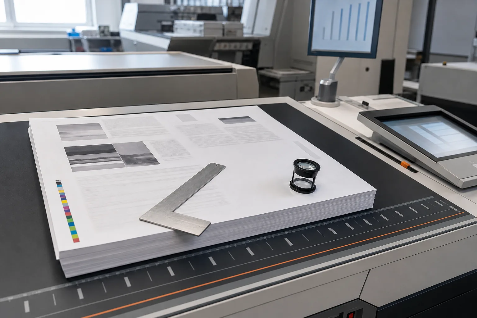 Ein Stapel bedruckter Bögen mit Grafiken, Textblöcken und Farbkontrollstreifen liegt auf einem Anlegetisch, darauf ein Winkelmaß und eine Fadenzähler-Lupe, im Hintergrund Monitor und Druckmaschine.