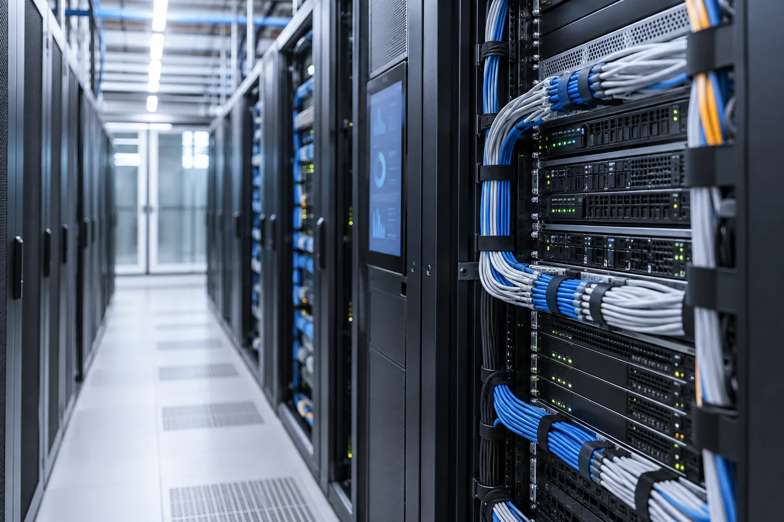 Serverraum mit Reihen schwarzer Serverschränke, im Vordergrund ein offener Rack mit Servereinschüben und gebündelten blauen und grauen Netzwerkkabeln sowie einem kleinen Bildschirm mit Diagrammen.