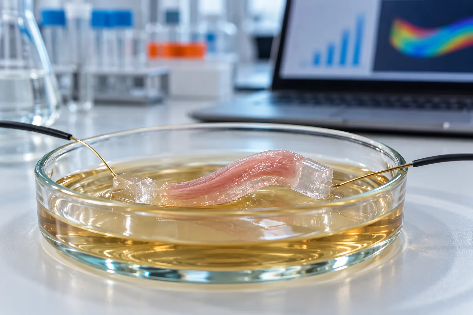 In einer flachen Glasschale mit gelblicher Flüssigkeit liegt ein rosafarbener Muskelstrang, der an beiden Enden in durchsichtigen Blöcken steckt und über dünne Drähte mit schwarzen Kabeln verbunden ist; dahinter stehen unscharf ein Laptop mit Diagrammen und Laborgläser.