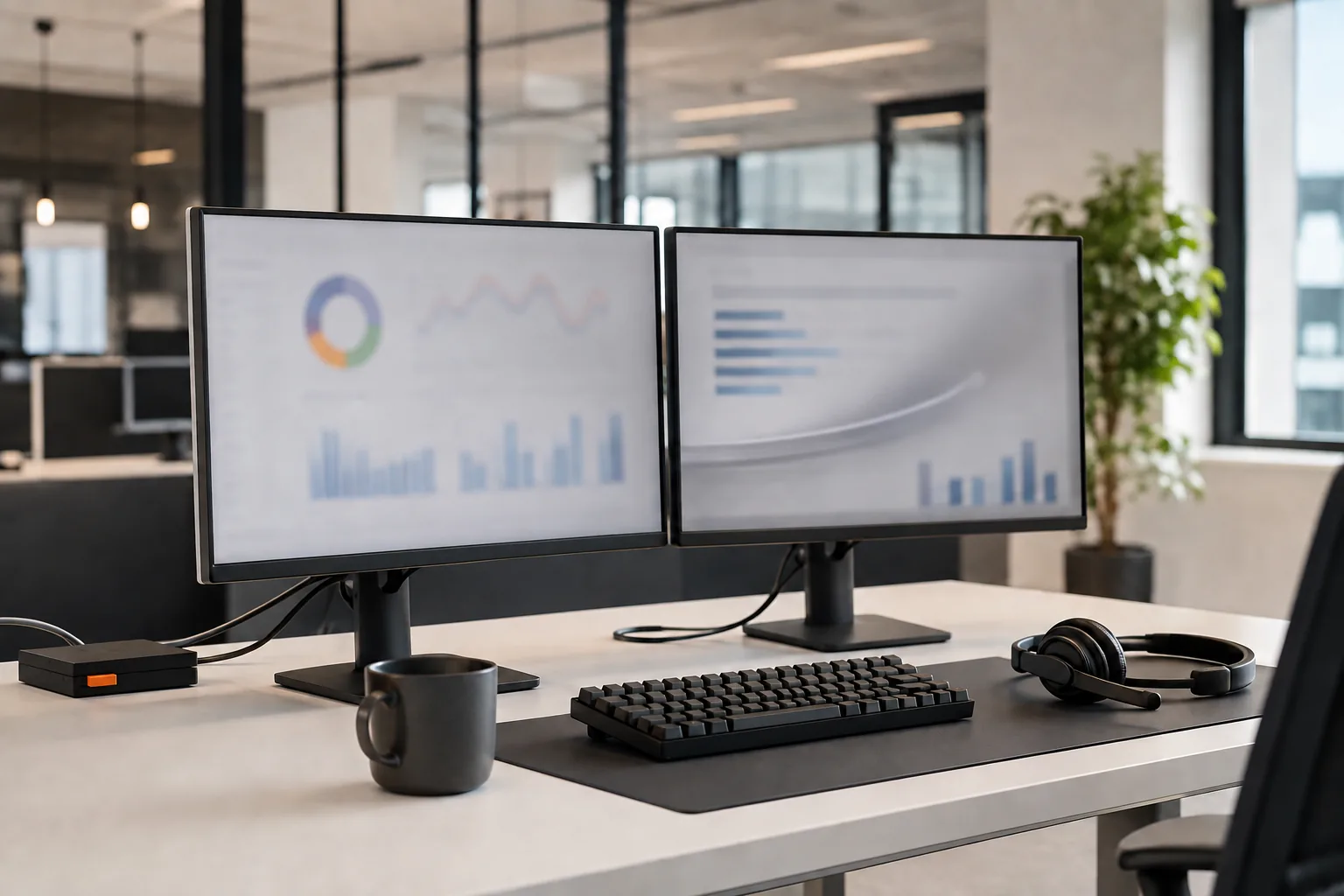 Zwei Bildschirme mit Diagrammen und Balkengrafiken auf einem Schreibtisch, davor Tastatur, Kaffeetasse und Headset, im Hintergrund ein Großraumbüro mit Pflanze und Fensterfront.