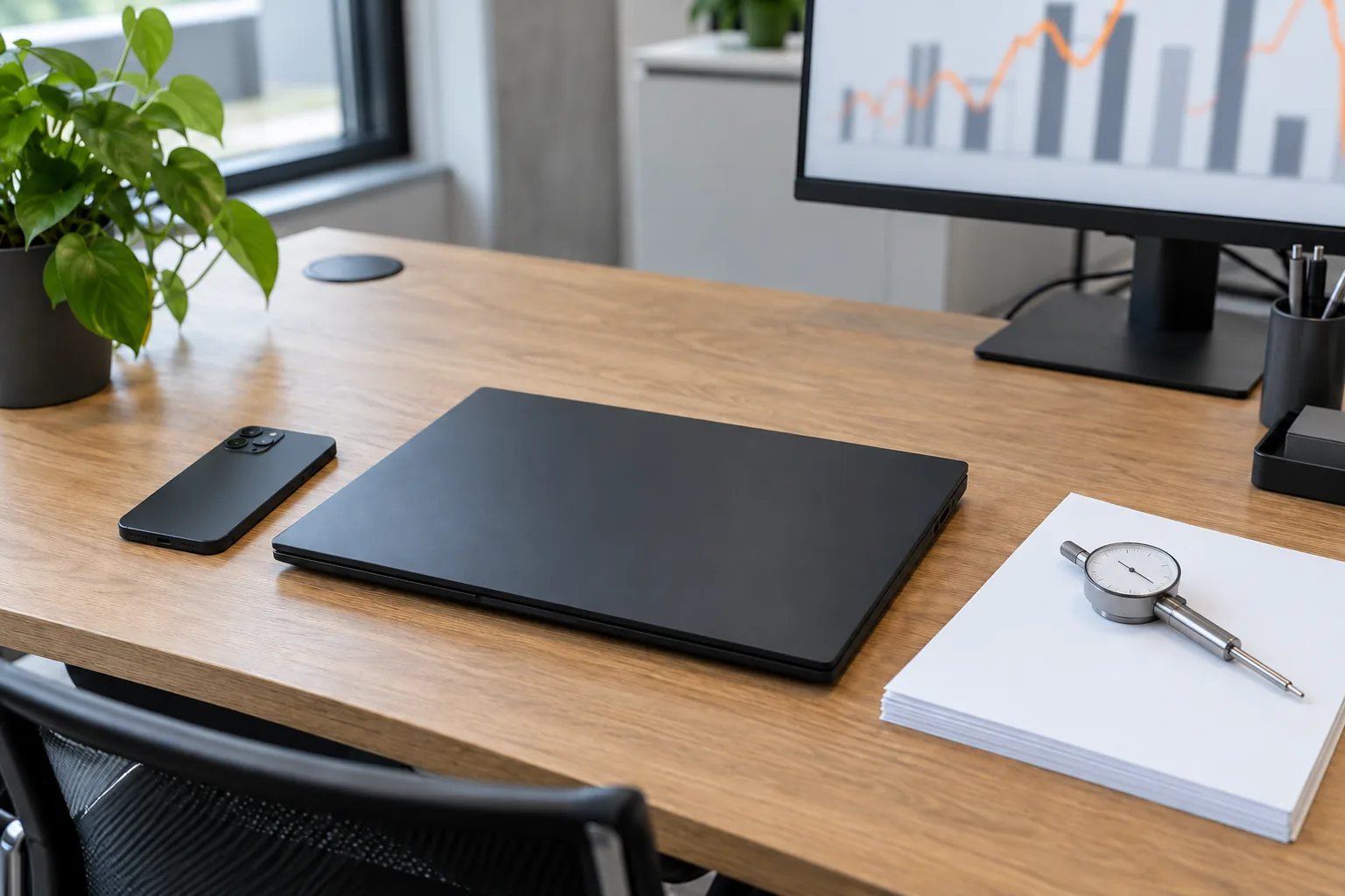 Schräg von oben auf einen Holzschreibtisch: In der Mitte liegt ein geschlossener schwarzer Laptop, links davon ein Smartphone und eine Topfpflanze, rechts ein Papierstapel mit einer Messuhr, dahinter ein Monitor mit Balken- und Liniendiagramm.