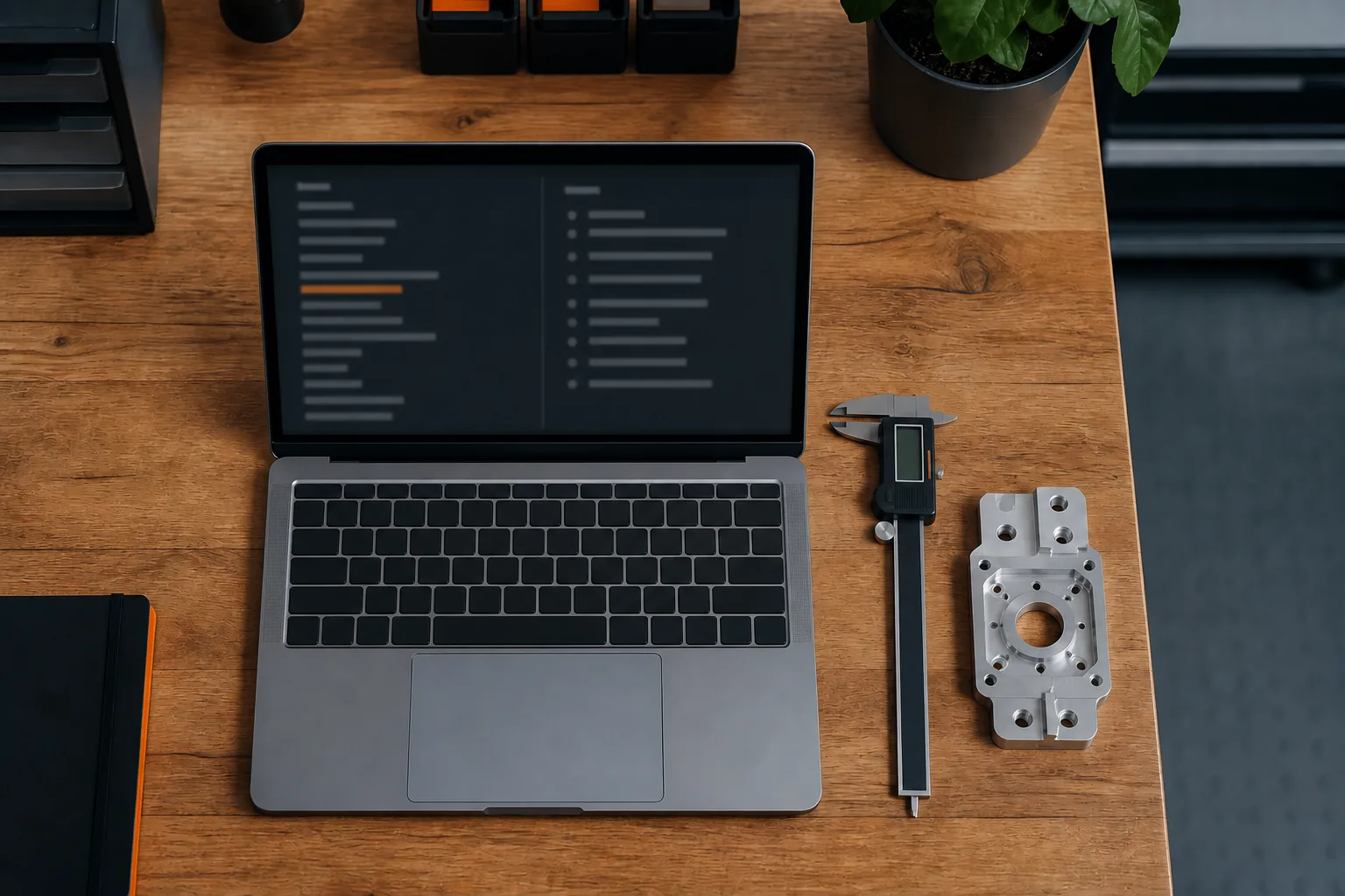 Aufsicht auf einen Holztisch mit geöffnetem Laptop, dessen Bildschirm zwei Listen mit Textzeilen zeigt, daneben eine digitale Schieblehre und ein gefrästes Metallwerkstück mit Bohrungen.