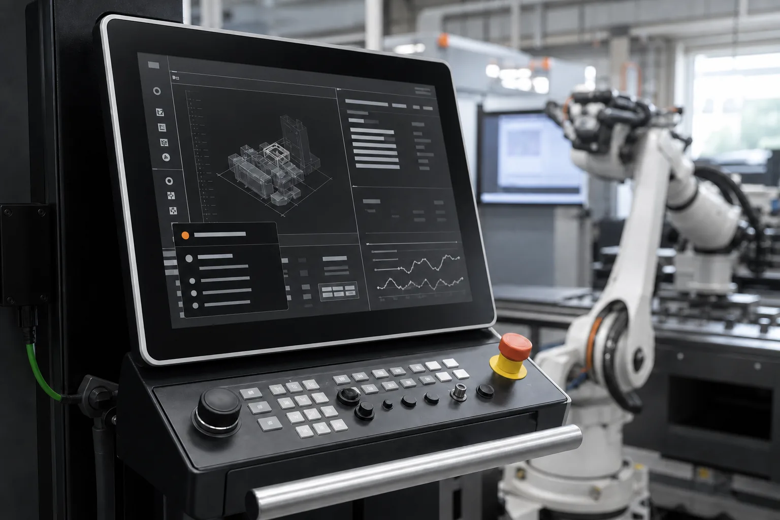 Steuerpult einer CNC-Maschine mit Bildschirm, der ein 3D-Bauteilmodell, Balkendiagramme und einen Kurvenverlauf zeigt, davor Tastenfeld mit rotem Not-Aus-Schalter, im Hintergrund ein weißer Industrieroboterarm in einer Fabrikhalle.