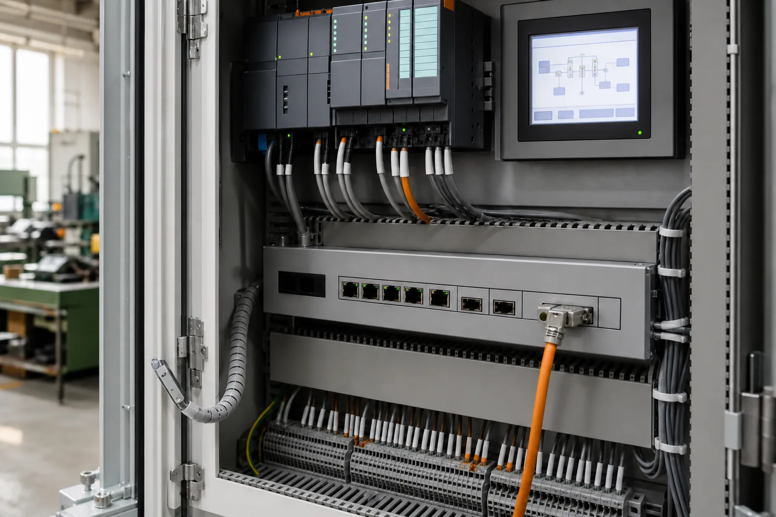 Geöffneter Schaltschrank einer modernen Fertigungsanlage mit Steuerungsmodulen, Bedienpanel und einer Reihe freier Netzwerkbuchsen, Kabel sauber verlegt.