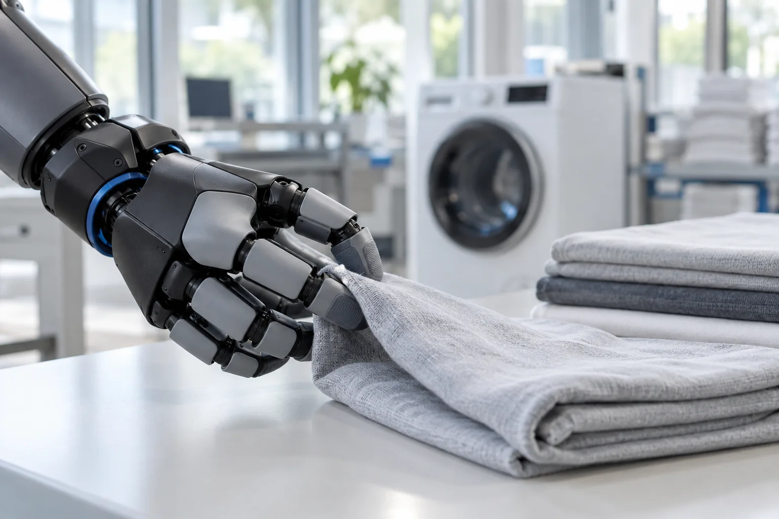 Eine schwarz-graue Roboterhand mit blauen Gelenkringen greift in Nahaufnahme von links den Rand eines grauen Tuchs, das gefaltet auf einer weißen Arbeitsfläche liegt, rechts daneben ein Stapel Tücher, dahinter unscharf eine Waschmaschine und ein helles Büro.