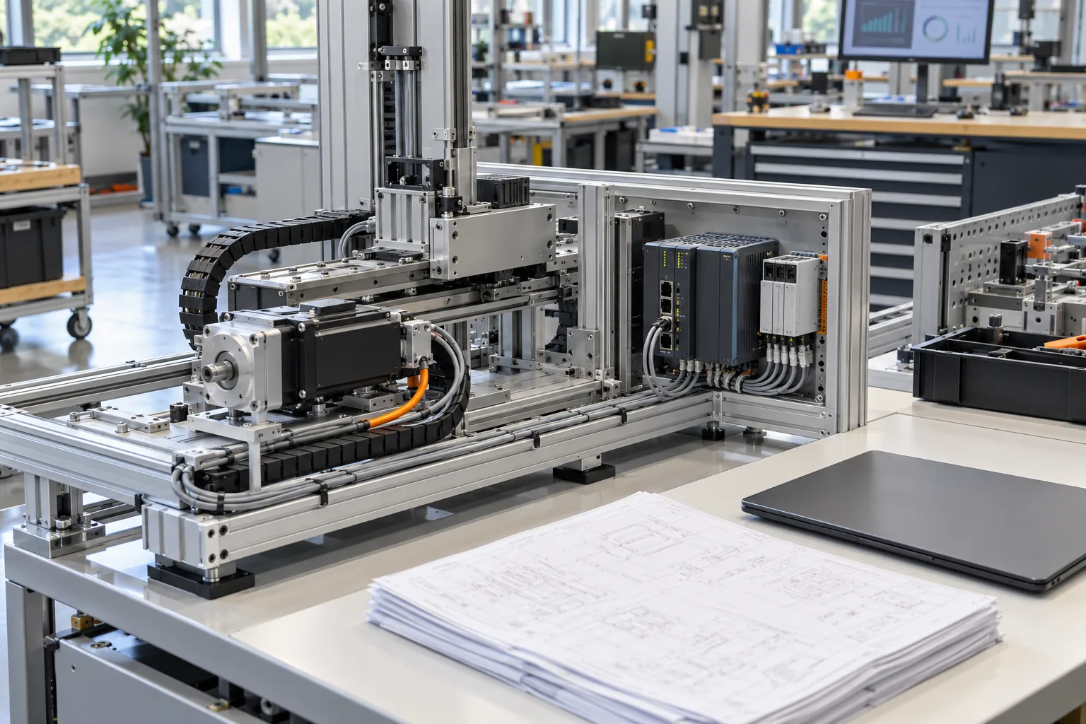 Auf einem hellen Tisch in einer Werkhalle stehen eine Linearachse mit Servomotor, Energieketten und Schaltmodulen im Aluminiumprofilrahmen, davor ein Stapel Konstruktionspläne und ein geschlossener Laptop, dahinter weitere Werkbänke und ein Monitor.
