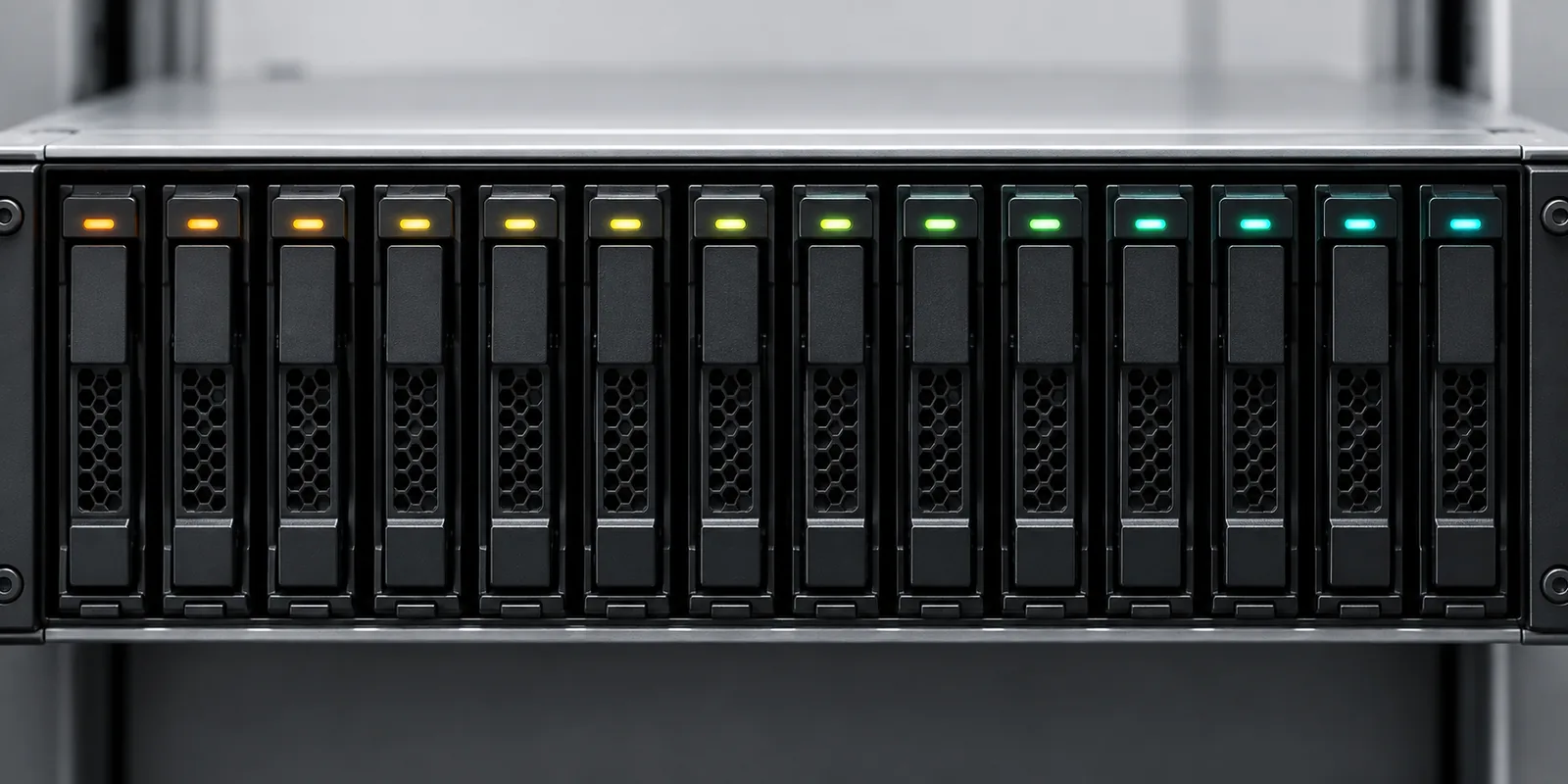 Frontalansicht eines Servergehäuses im Rack mit einer Reihe gleichartiger Festplatteneinschübe, deren Status-LEDs von Orange über Gelb bis Grün und Türkis changieren.
