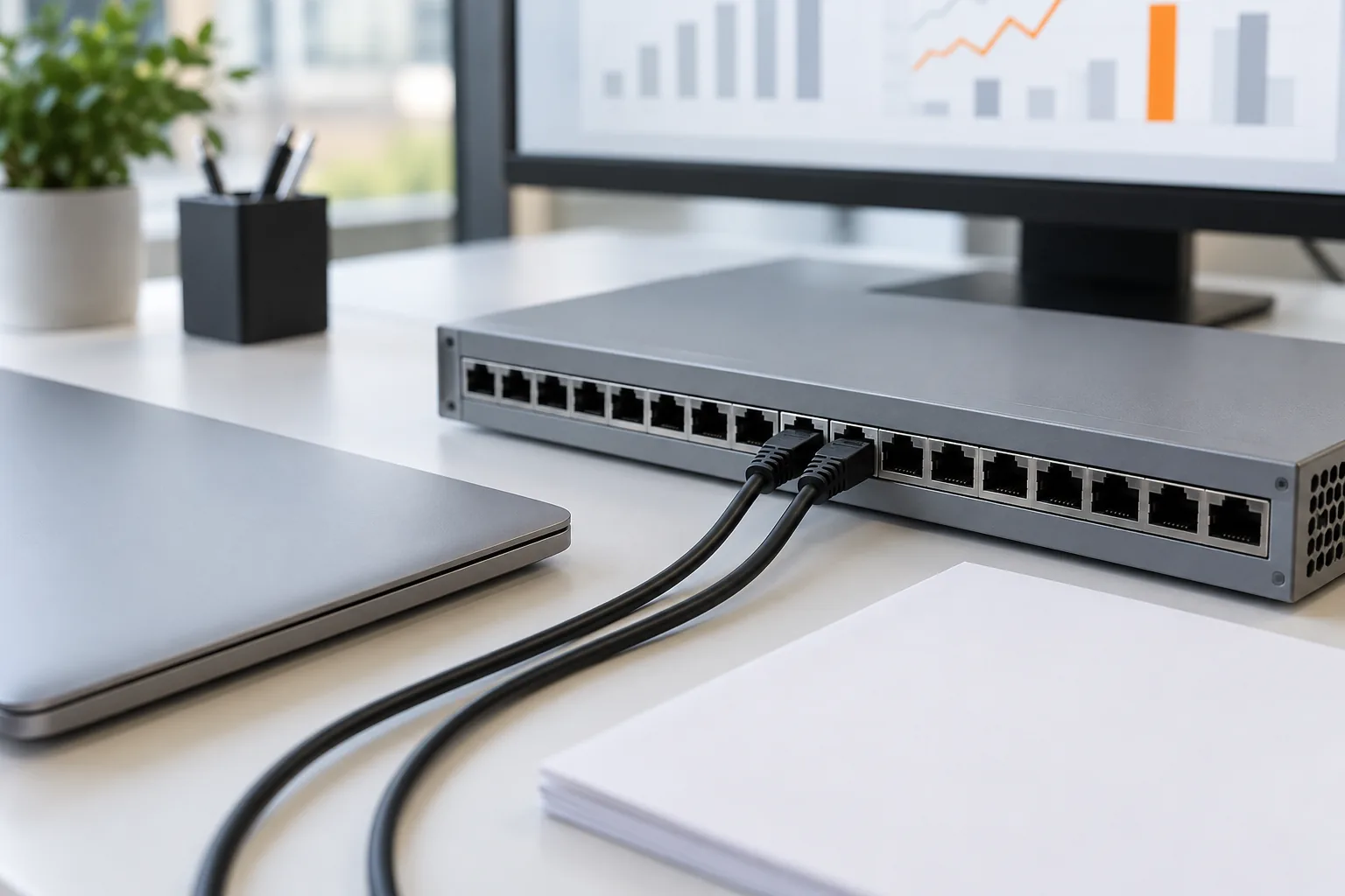 Auf einem weißen Schreibtisch steht ein grauer Netzwerk-Switch mit zwei eingesteckten schwarzen Kabeln, daneben ein geschlossener Laptop und ein Stapel Papier, dahinter ein Monitor mit Balken- und Liniendiagrammen, ein Stiftebecher und eine Topfpflanze.