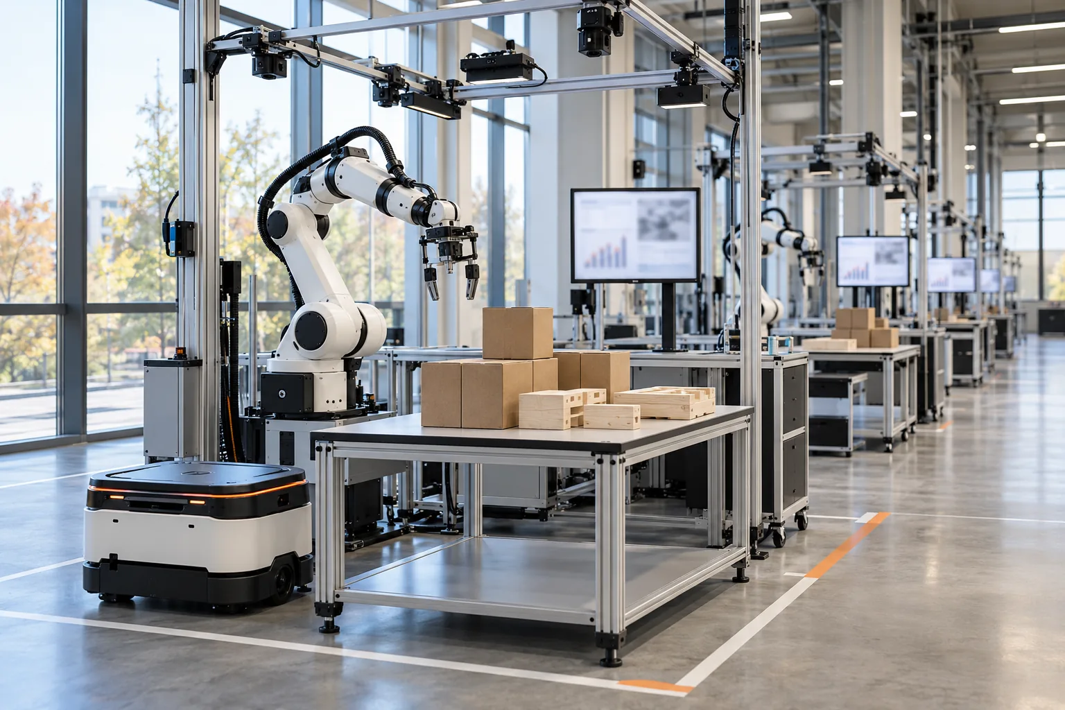 Ein weißer Roboterarm mit Greifer steht in einer hellen Halle neben einem Arbeitstisch mit Kartons und Holzpaletten, links ein flaches fahrerloses Fahrzeug, dahinter Reihen gleicher Stationen mit Kameras, Bildschirmen und Fensterfront.