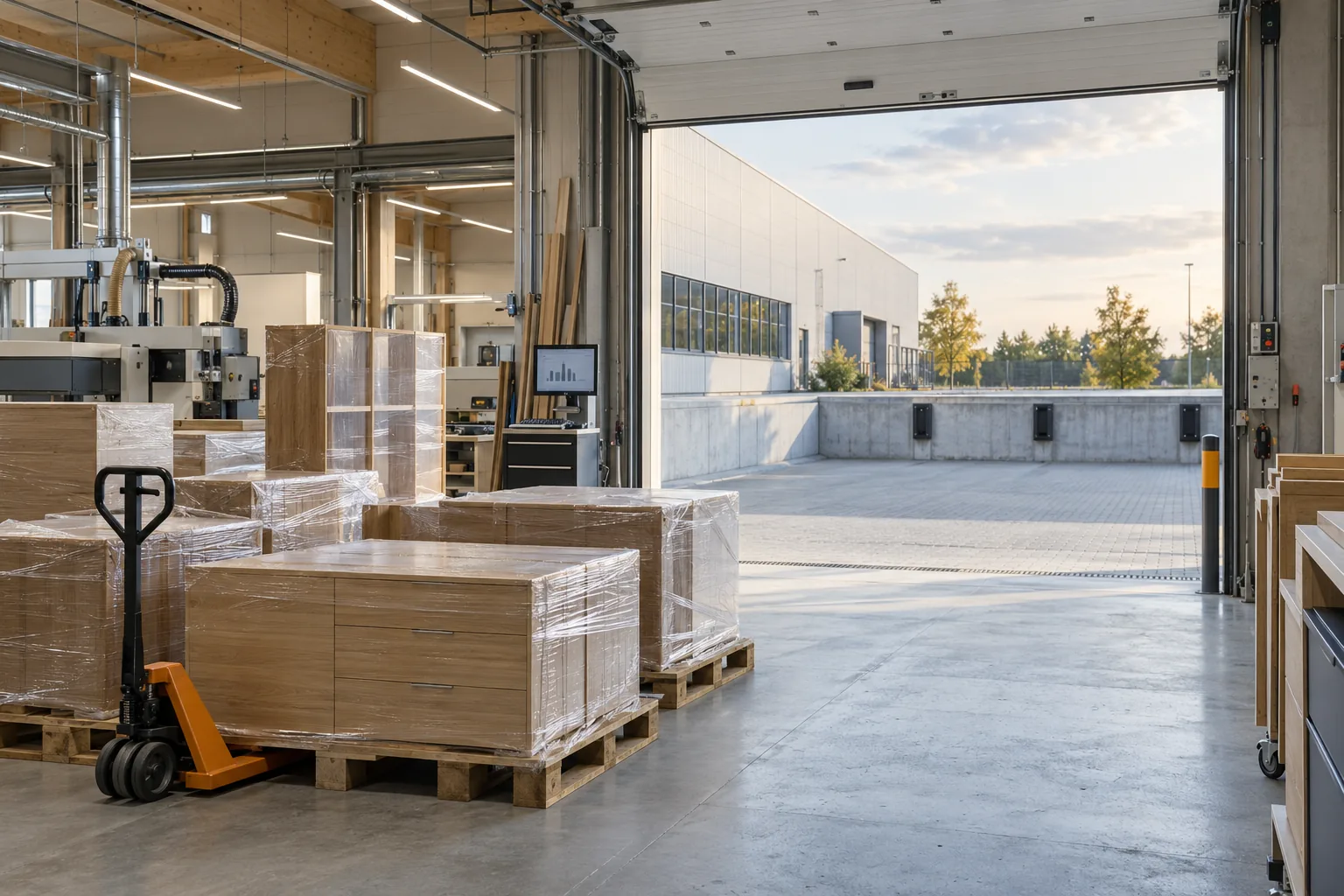 In einer Produktionshalle stehen folgefolienverpackte Holzmöbel auf Paletten neben einem Handhubwagen, links Maschinen und ein Monitor, rechts ein offenes Rolltor mit Blick auf eine leere Ladezone, ein Betriebsgebäude und Bäume.
